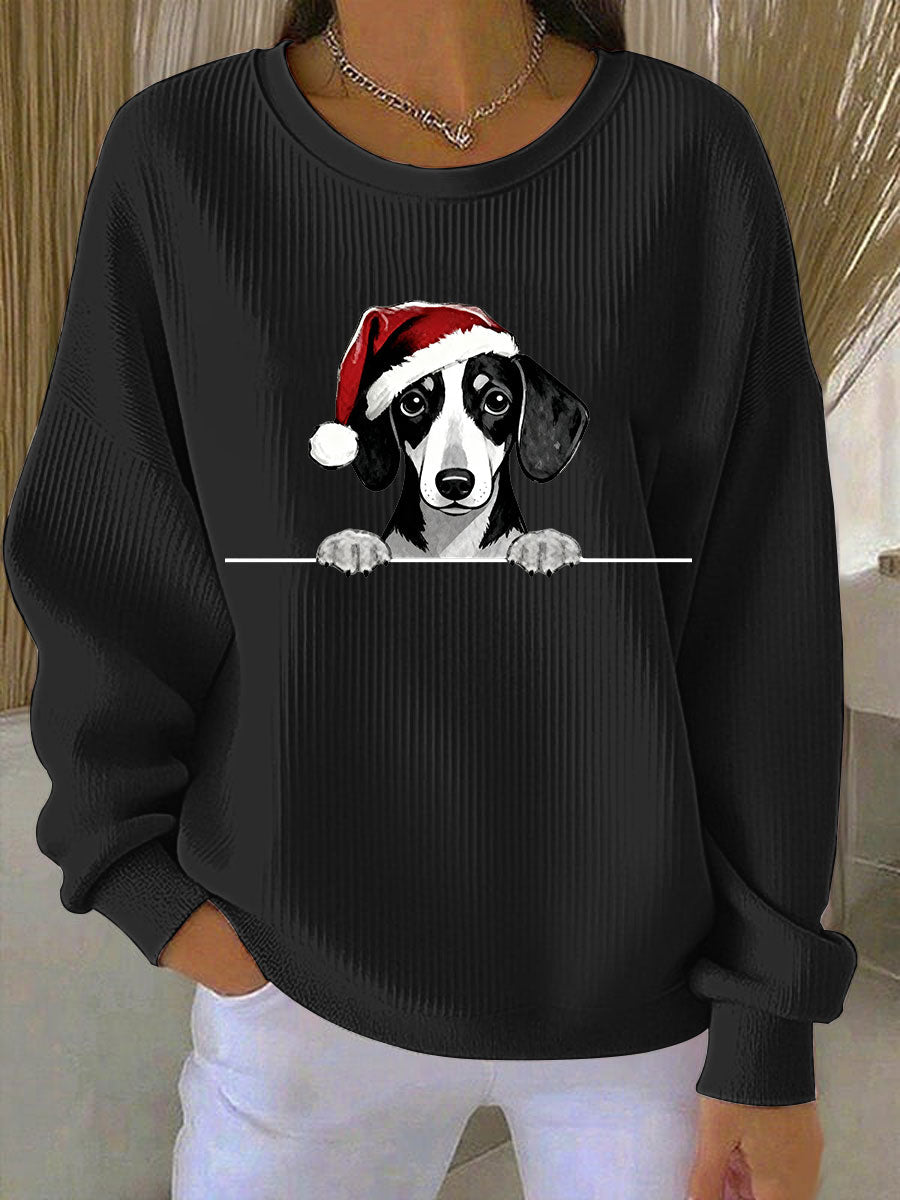 Women's Christmas Hat Dachshund Ribbed Round-Neck Sweatshirt