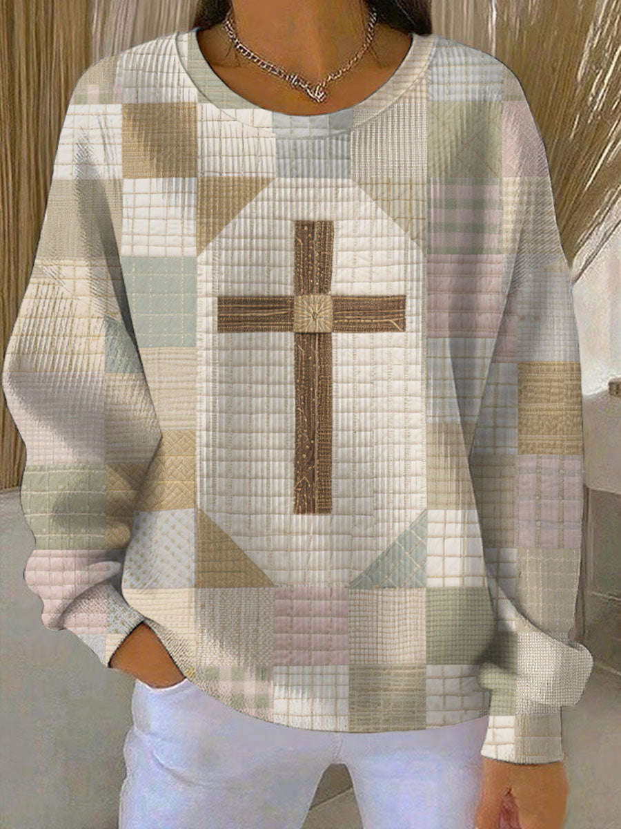 Women's Patchwork of Faith Printed Ribbed Round-Neck Sweatshirt