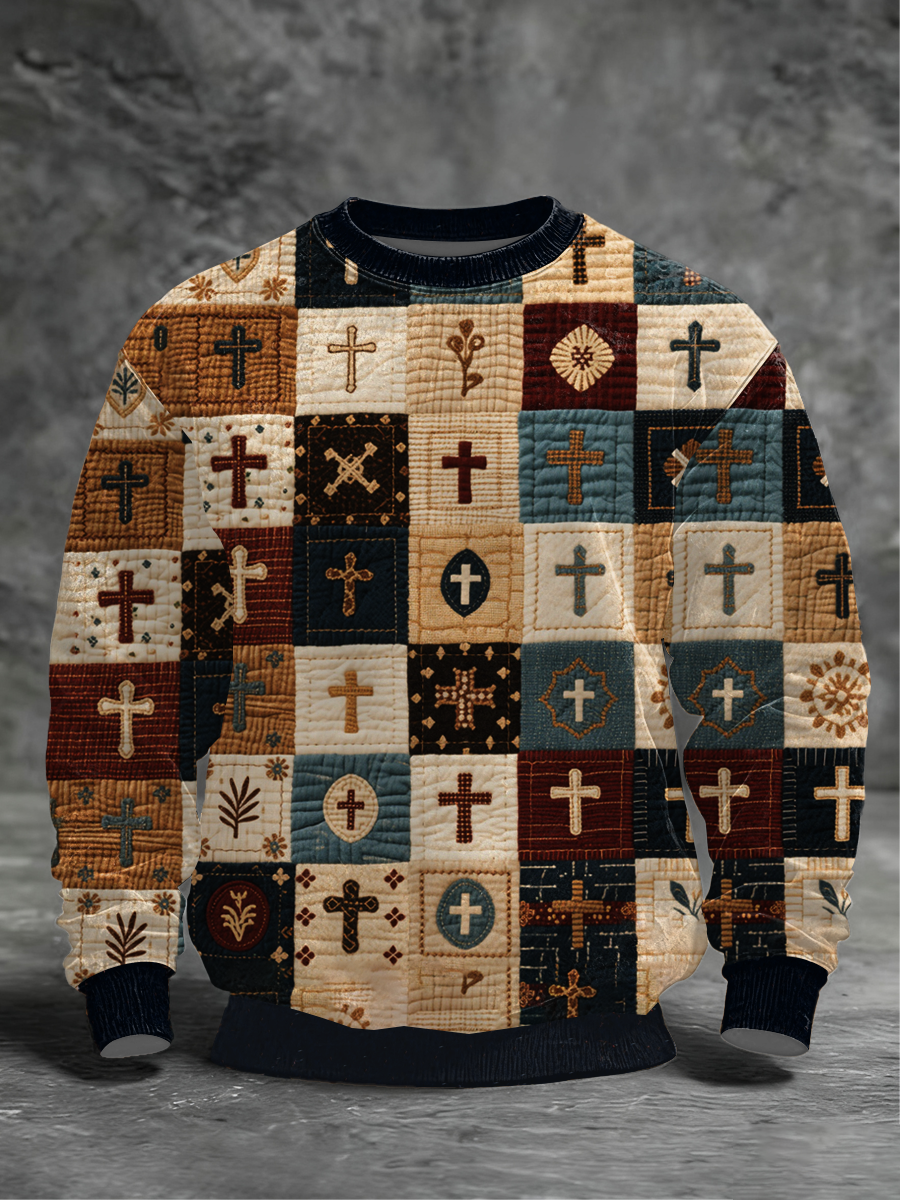 Men's Patchwork of Faith Printed Crew Neck Sweatshirt