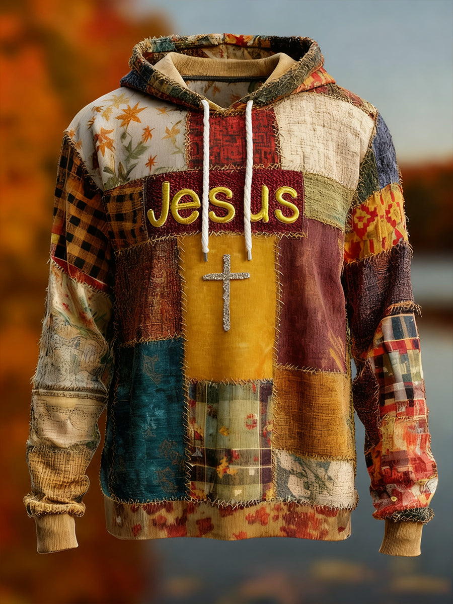 Men's Vintage Faith Cross Art Print Oversized Drop-Shoulder Hoodie with Pockets