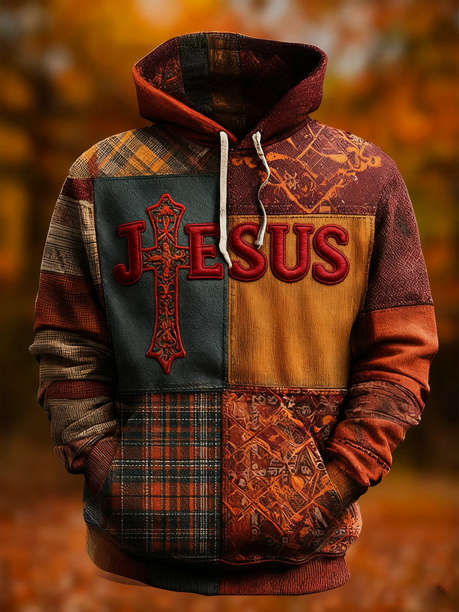 Men's Vintage Faith Cross Art Oversized Drop-Shoulder Hoodie with Pockets