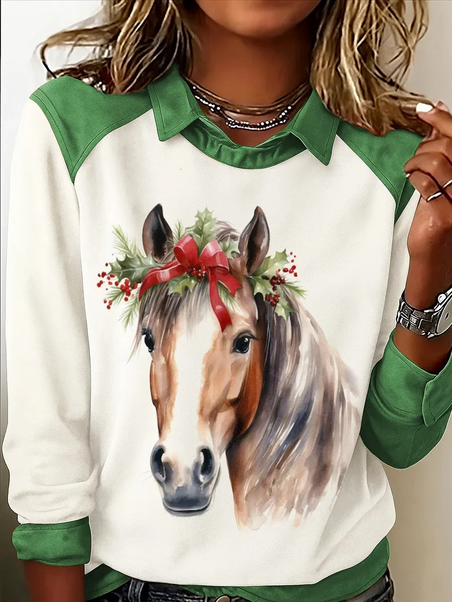 Women's Christmas Horse Print Casual Top