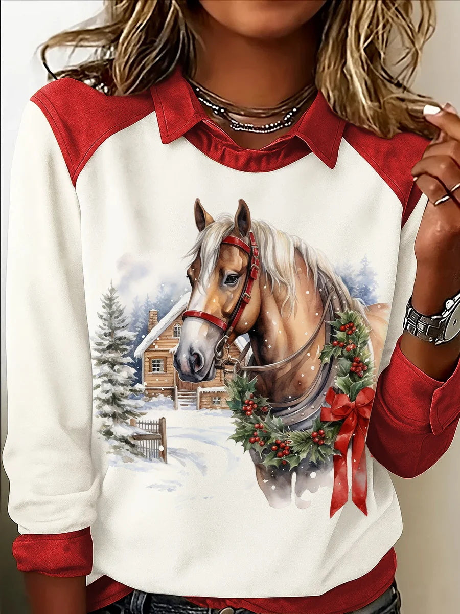 Women's Christmas Horse Print Casual Top