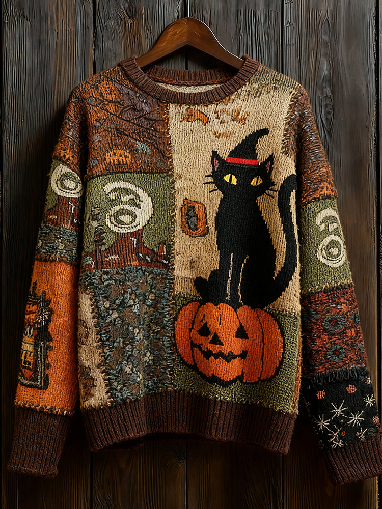 Women's Halloween Black Cat & Pumpkin Patchwork Art Sweatshirt