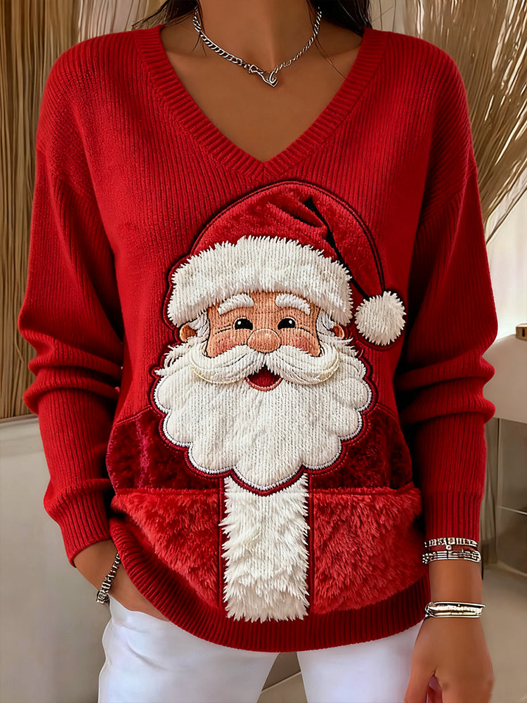 Women's Christmas Santa Claus Art V-Neck Ribbed Top