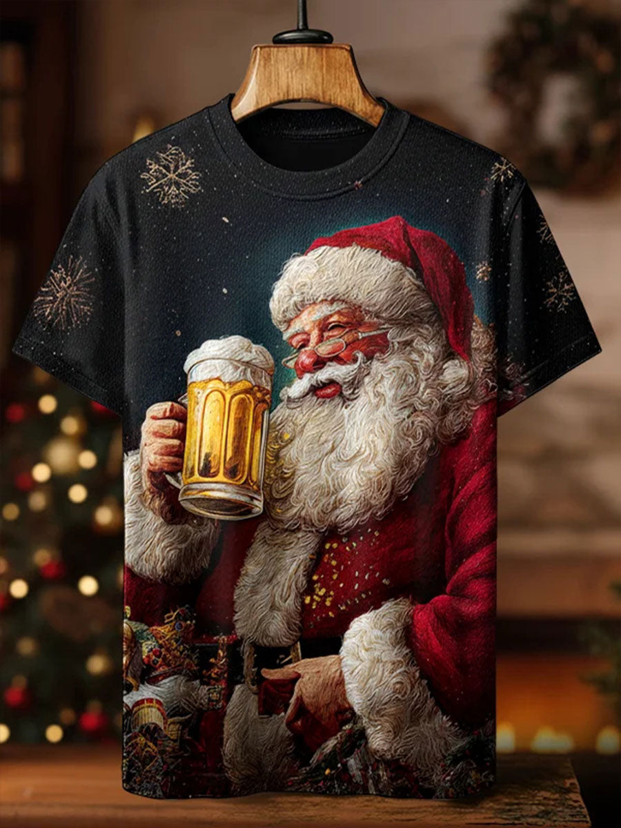 Men's Christmas Santa Beer Oil Painting Print Casual T-Shirt