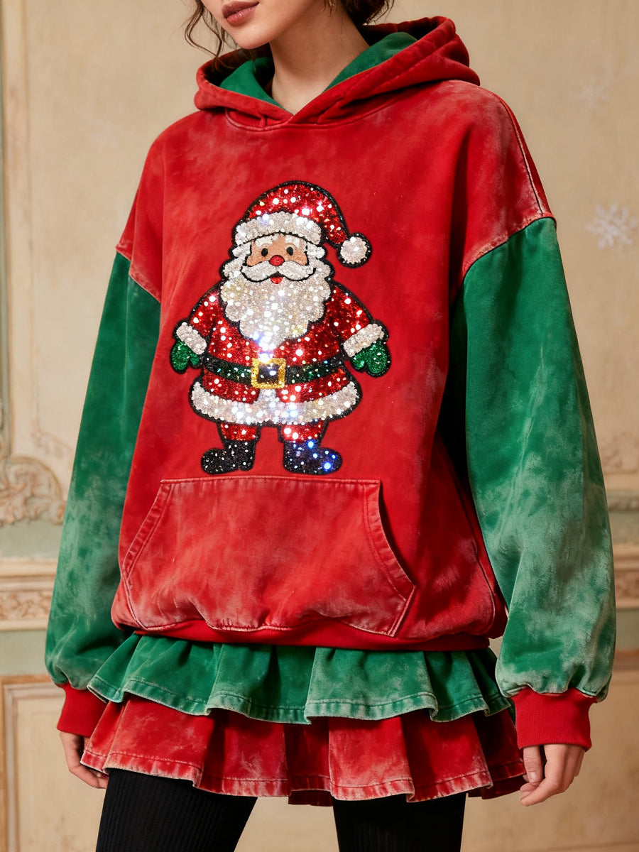 Women's Shiny Christmas Santa Pattern Vintage Hoodie