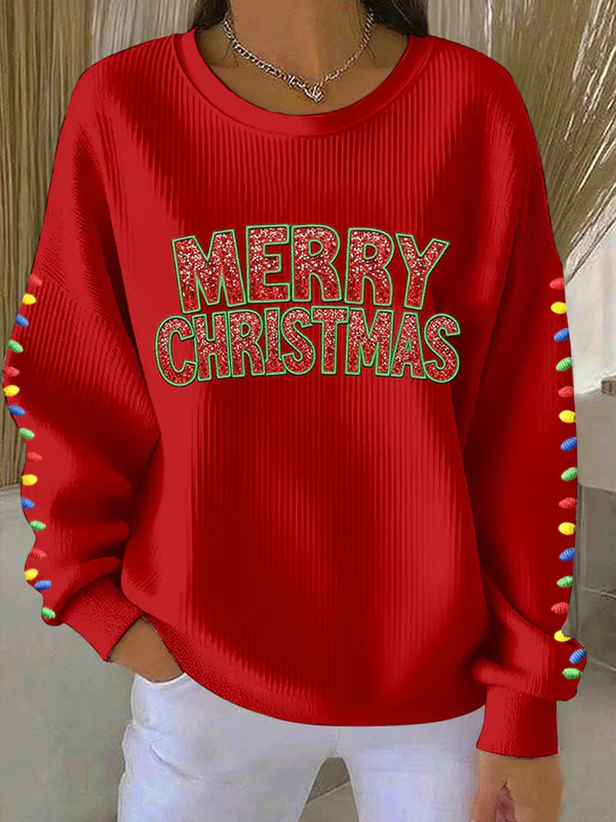 Women's Casual Merry Christmas Print Ribbed Round-Neck Sweatshirt