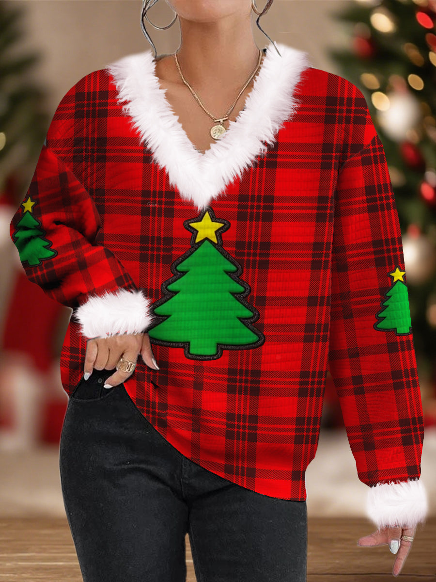 Women's Red Plaid Christmas Tree Print Casual Fur Collar Top