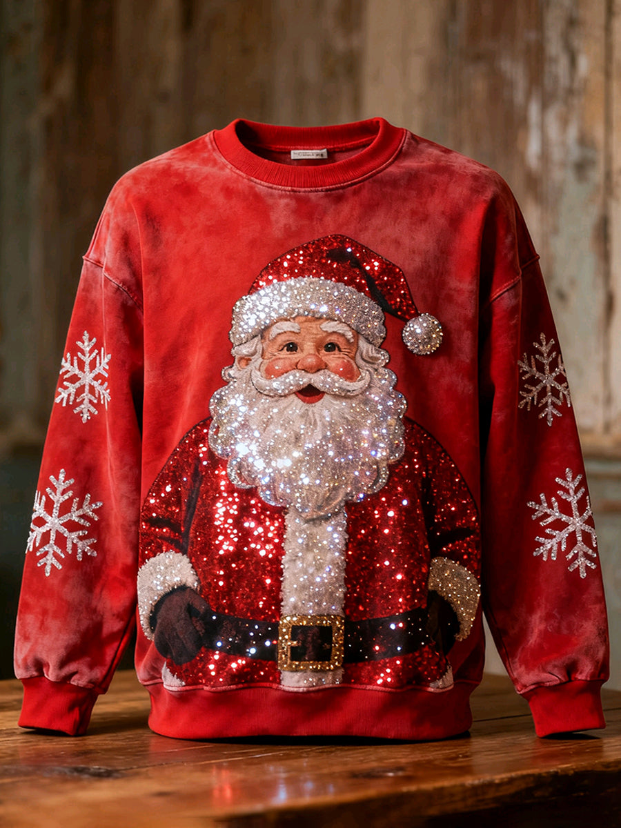 Men's Shiny Christmas Santa Pattern Washed Sweatshirt