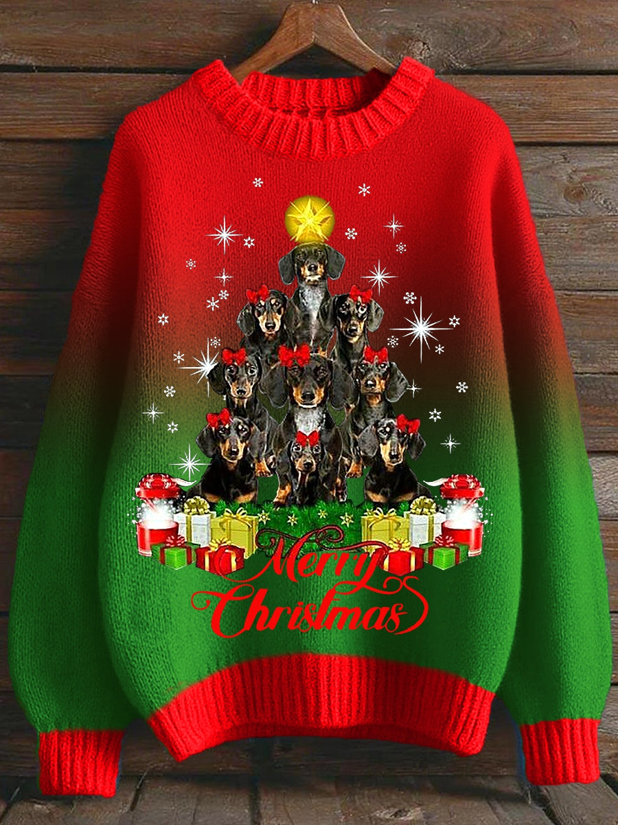 Women's Christmas Dachshund Christmas Tree Crew Neck Gradient Sweater