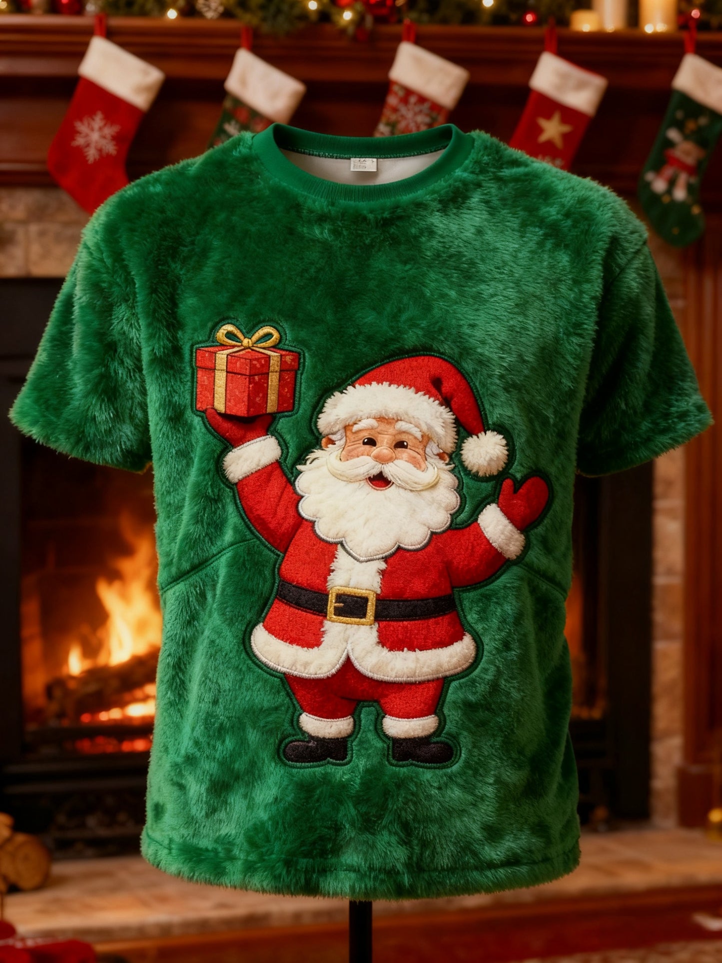 Retro Christmas Grandad Print Plush Short-Sleeved T-Shirt