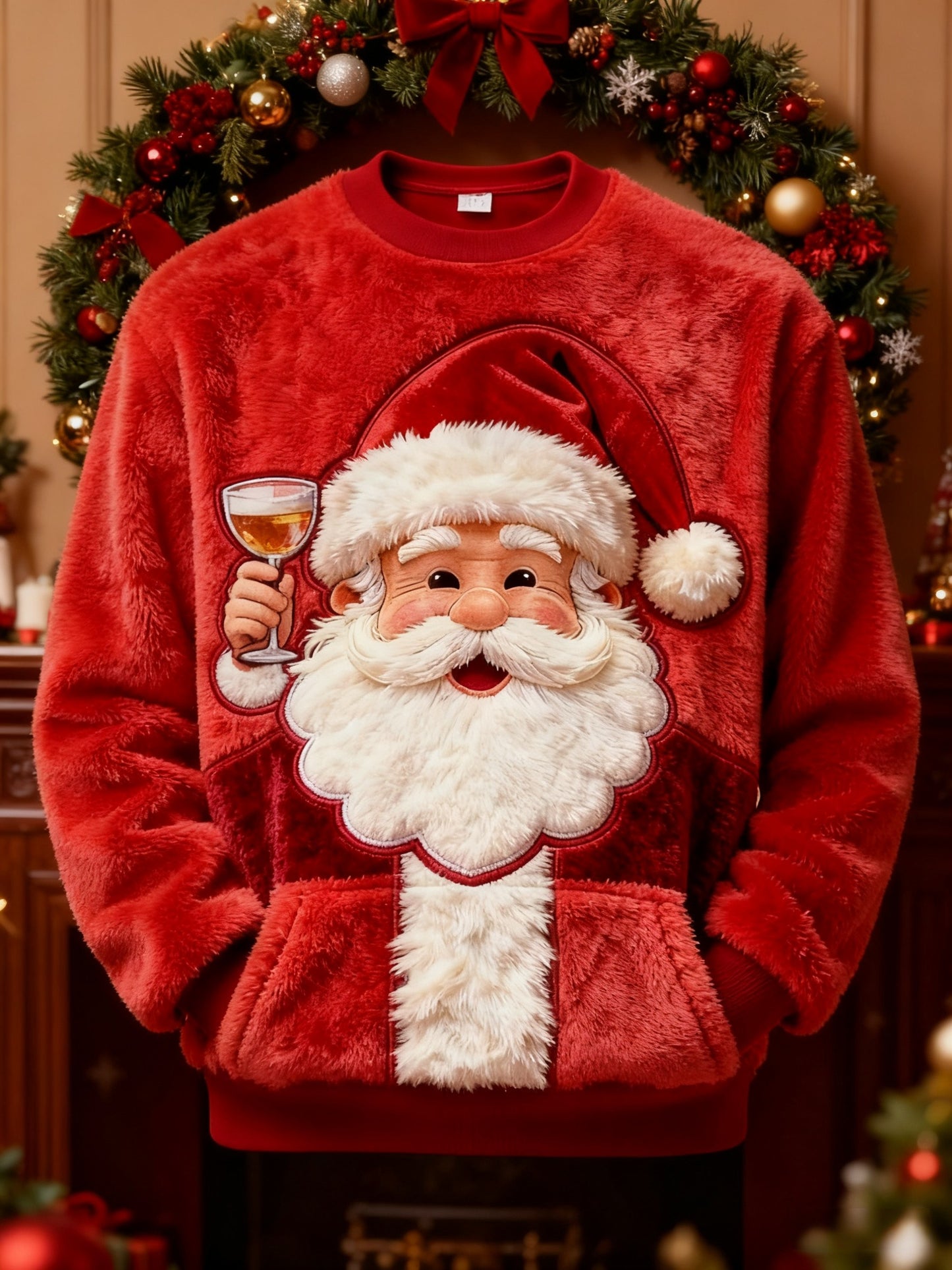 Retro Christmas Grandad Print Plush Crew Neck Sweatshirt