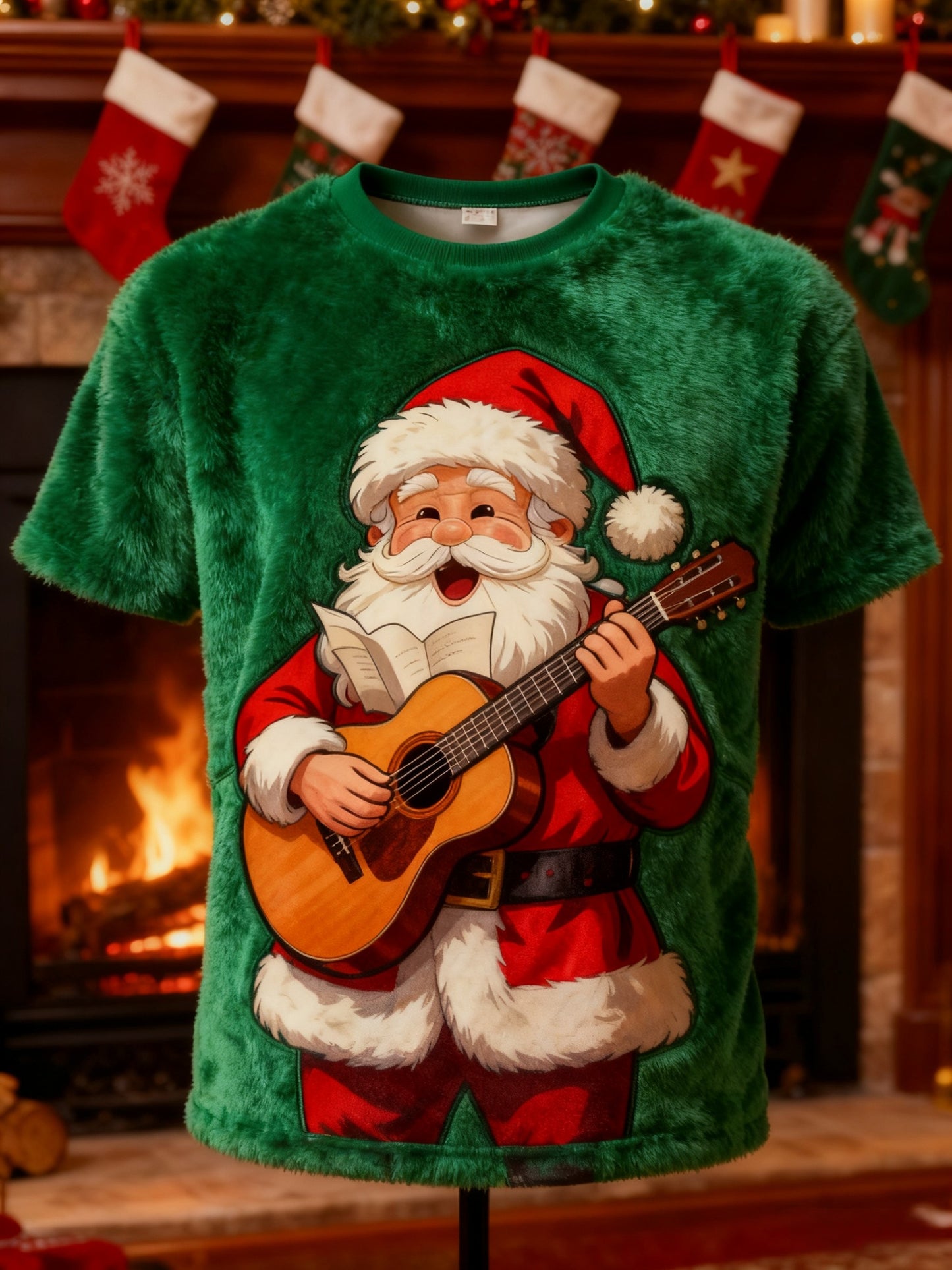 Retro Christmas Grandad Print Plush Short-Sleeved T-Shirt