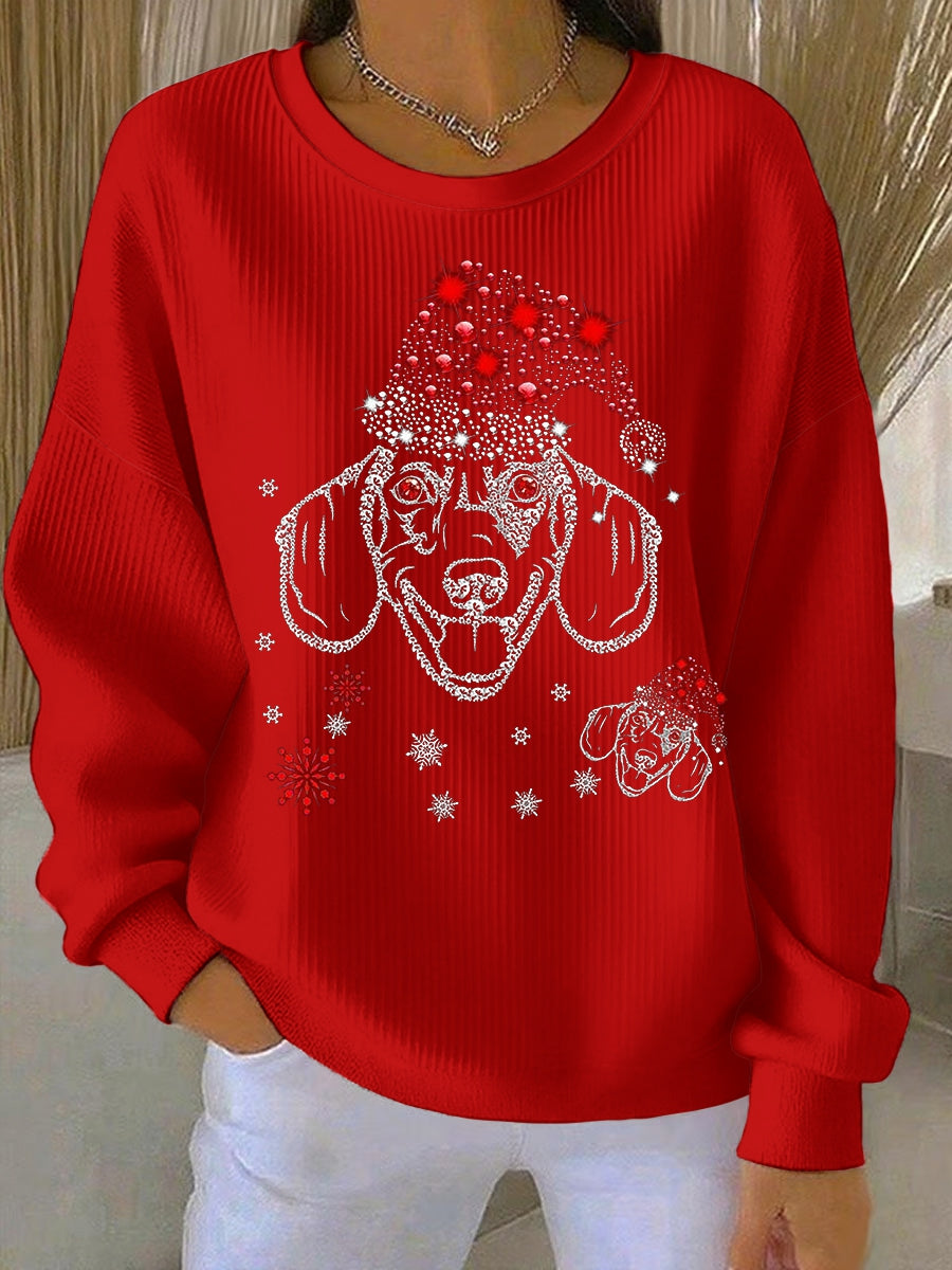 Women's Christmas Crew Neck Ribbed Sweatshirt