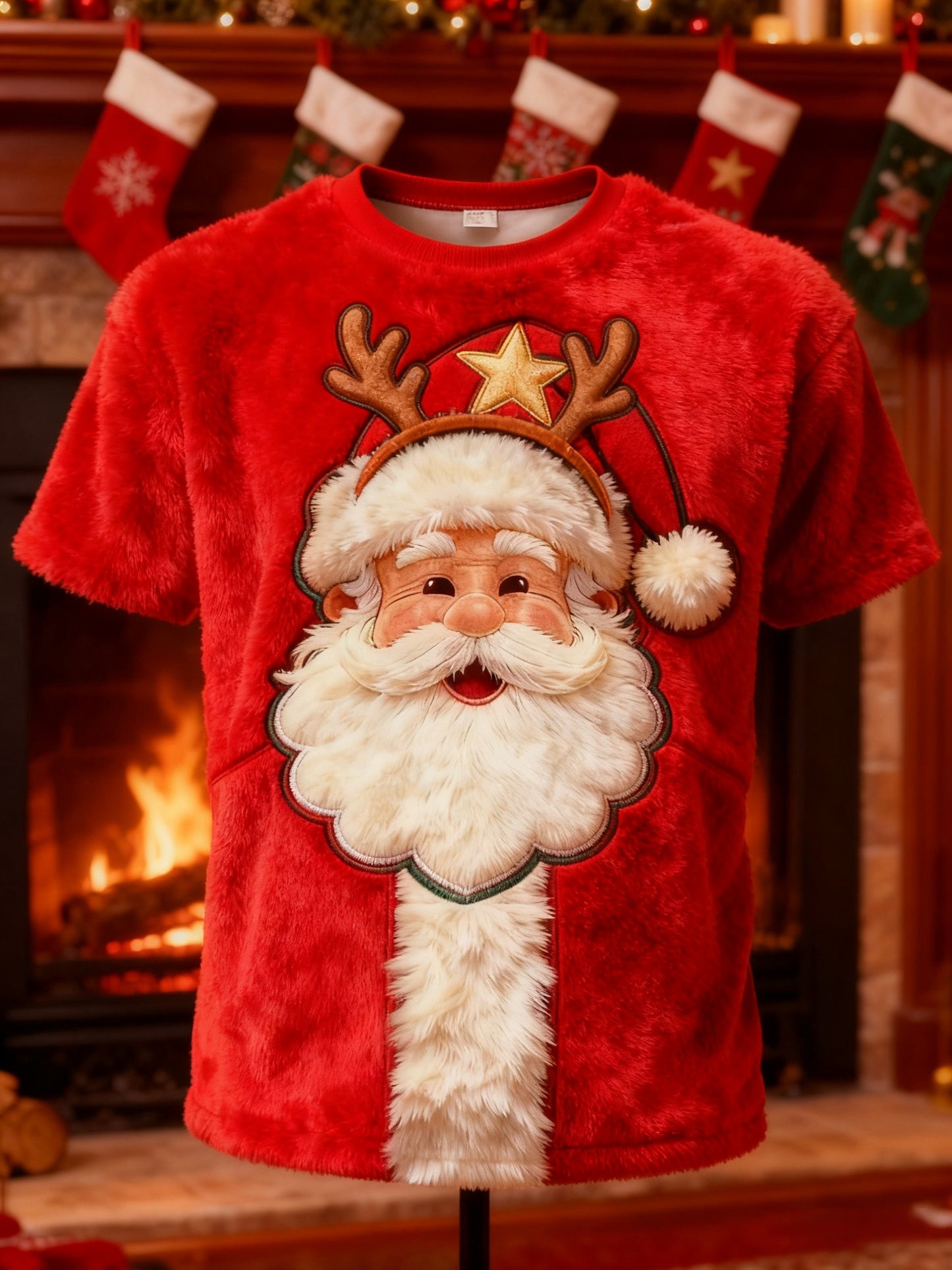Retro Christmas Grandad Print Plush Short-Sleeved T-Shirt