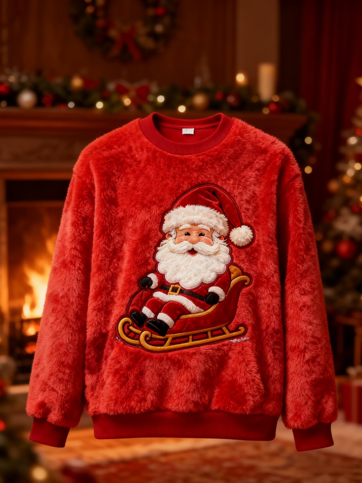 Retro Christmas Grandad Print Plush Crew Neck Sweatshirt