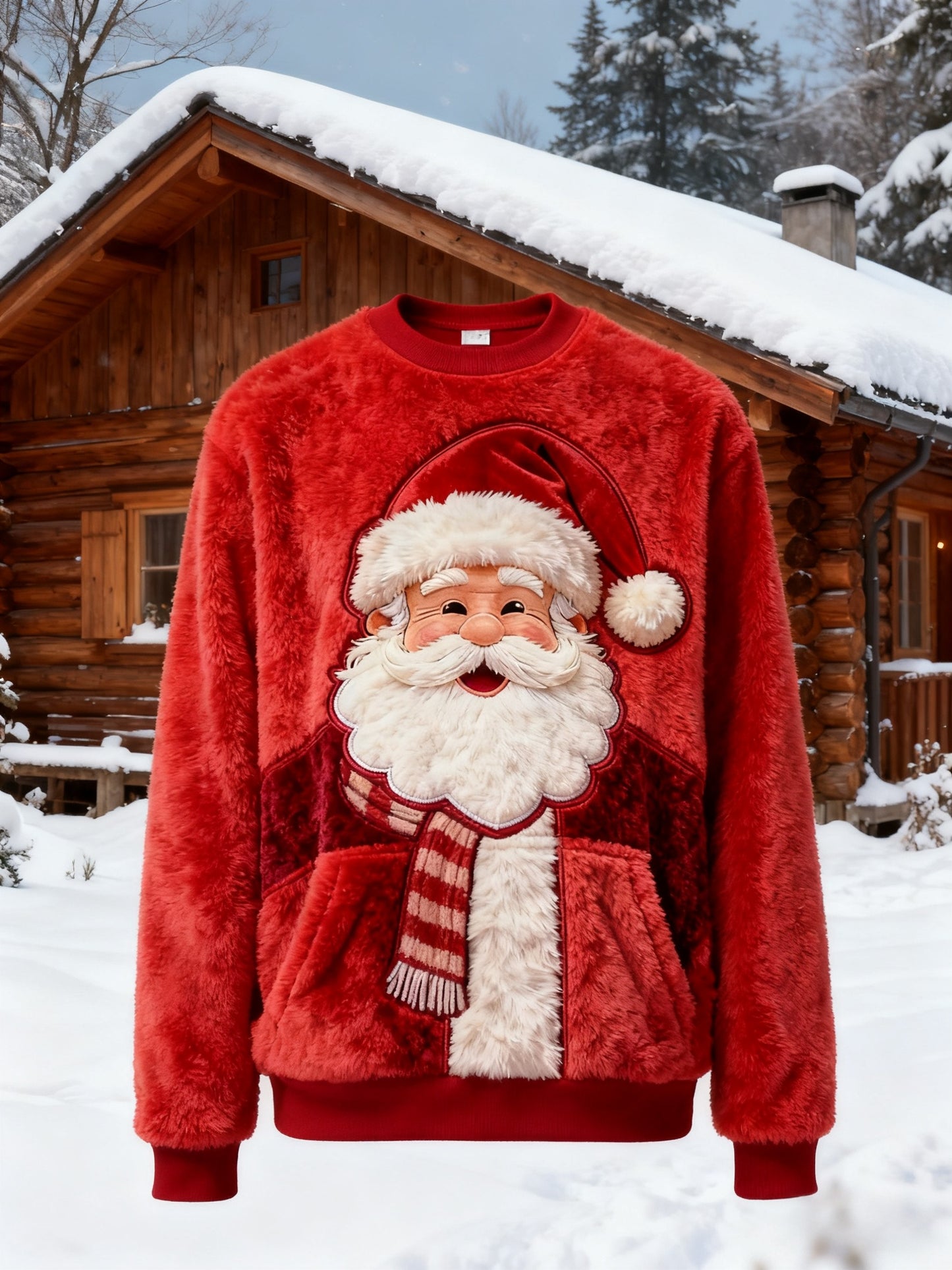 Retro Christmas Grandad Print Plush Crew Neck Sweatshirt