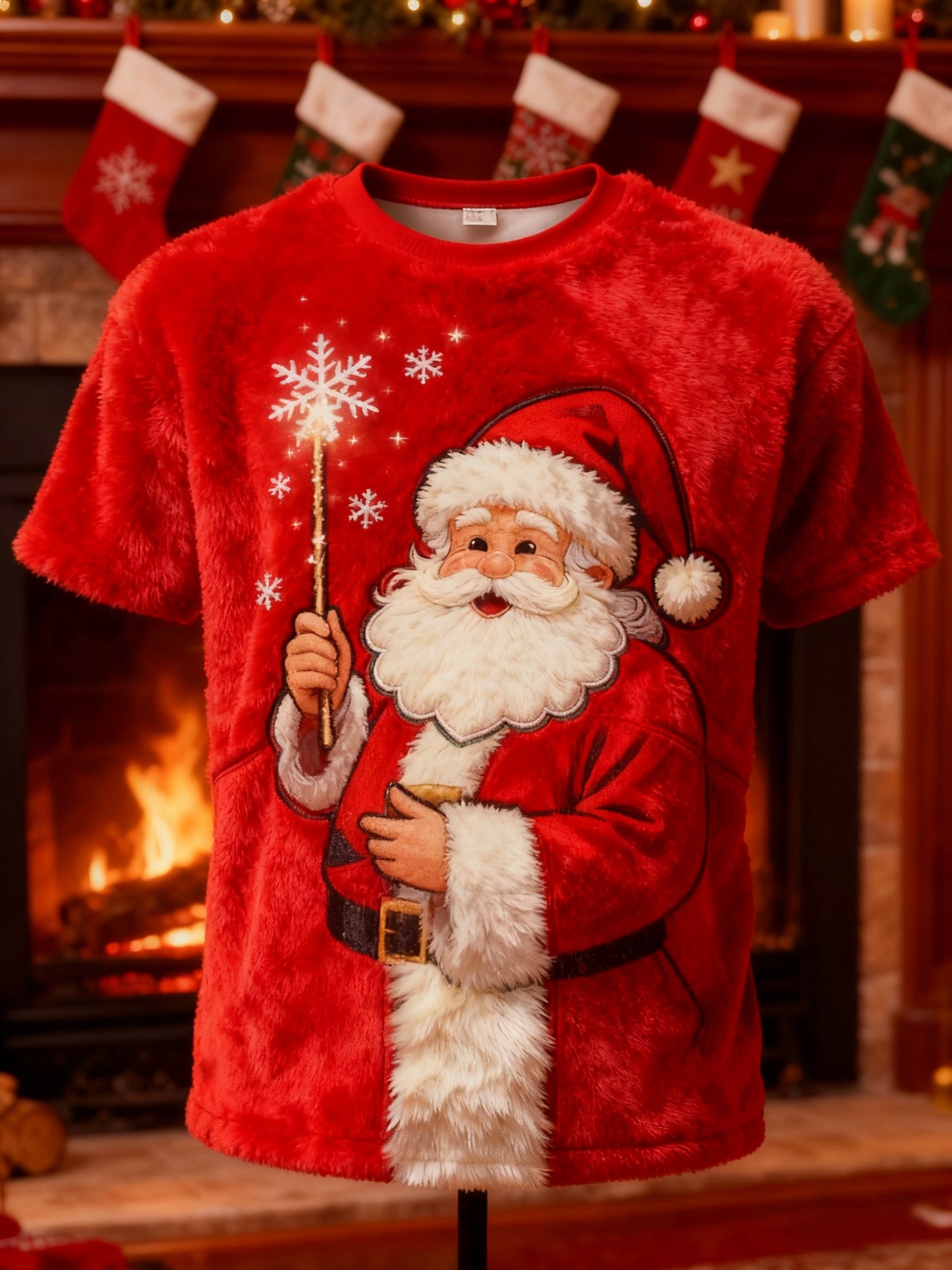 Retro Christmas Grandad Print Plush Short-Sleeved T-Shirt