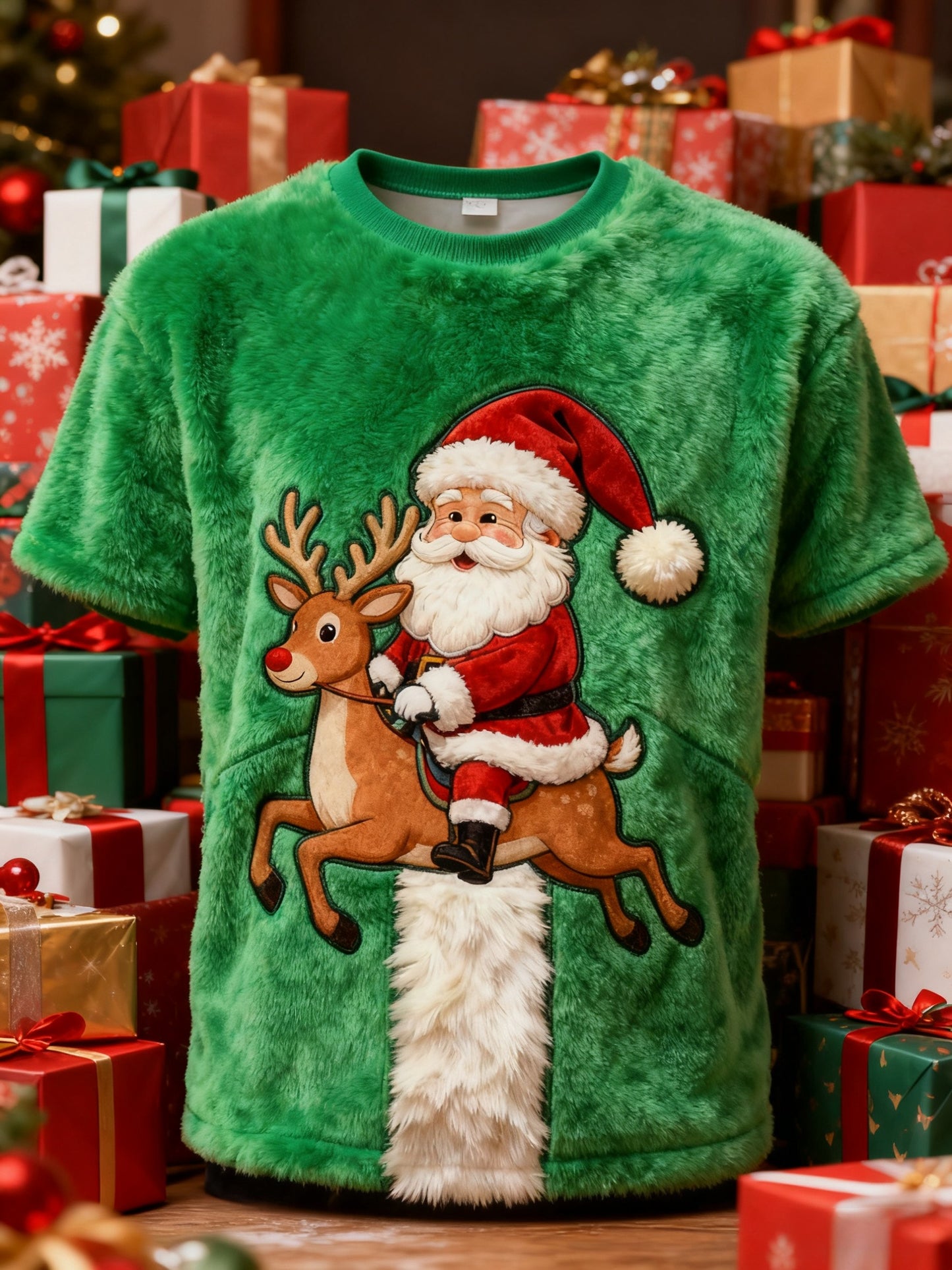 Retro Christmas Grandad Print Plush Short-Sleeved T-Shirt