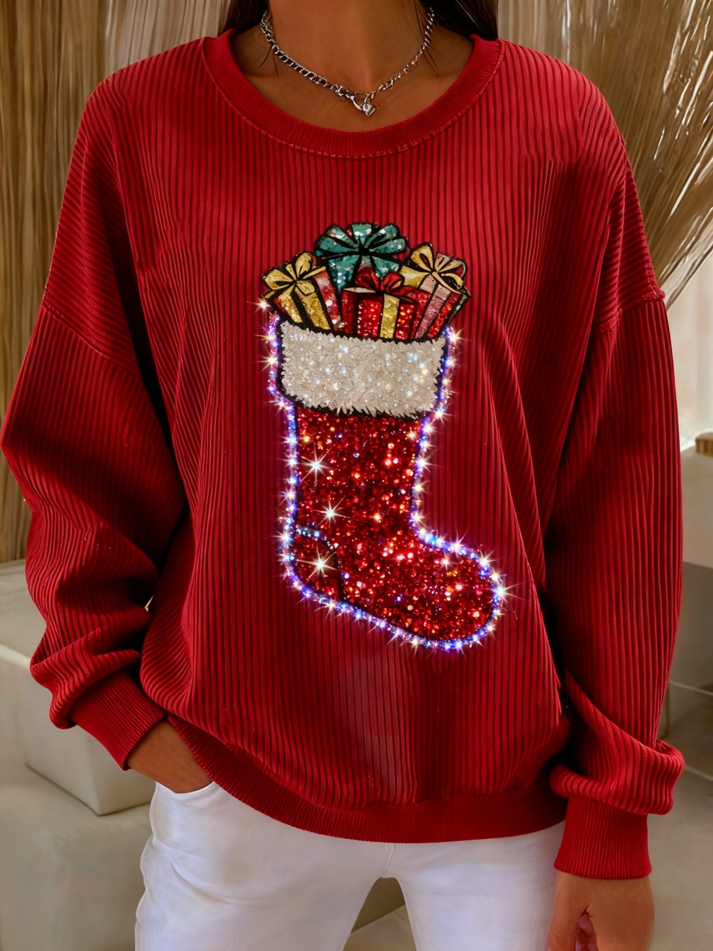 Retro Christmas Stocking Gifts Sequins Loose Long Sleeved Sweatshirt