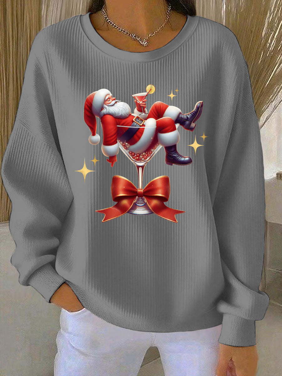 Women's Santa Claus and wine glass Print Ribbed Round-Neck Sweatshirt
