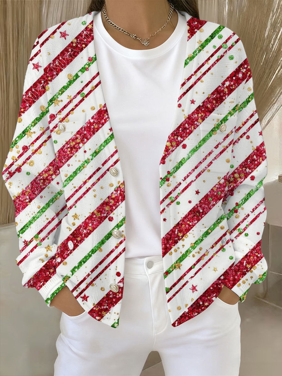Women's Christmas Print Pocket Cardigan