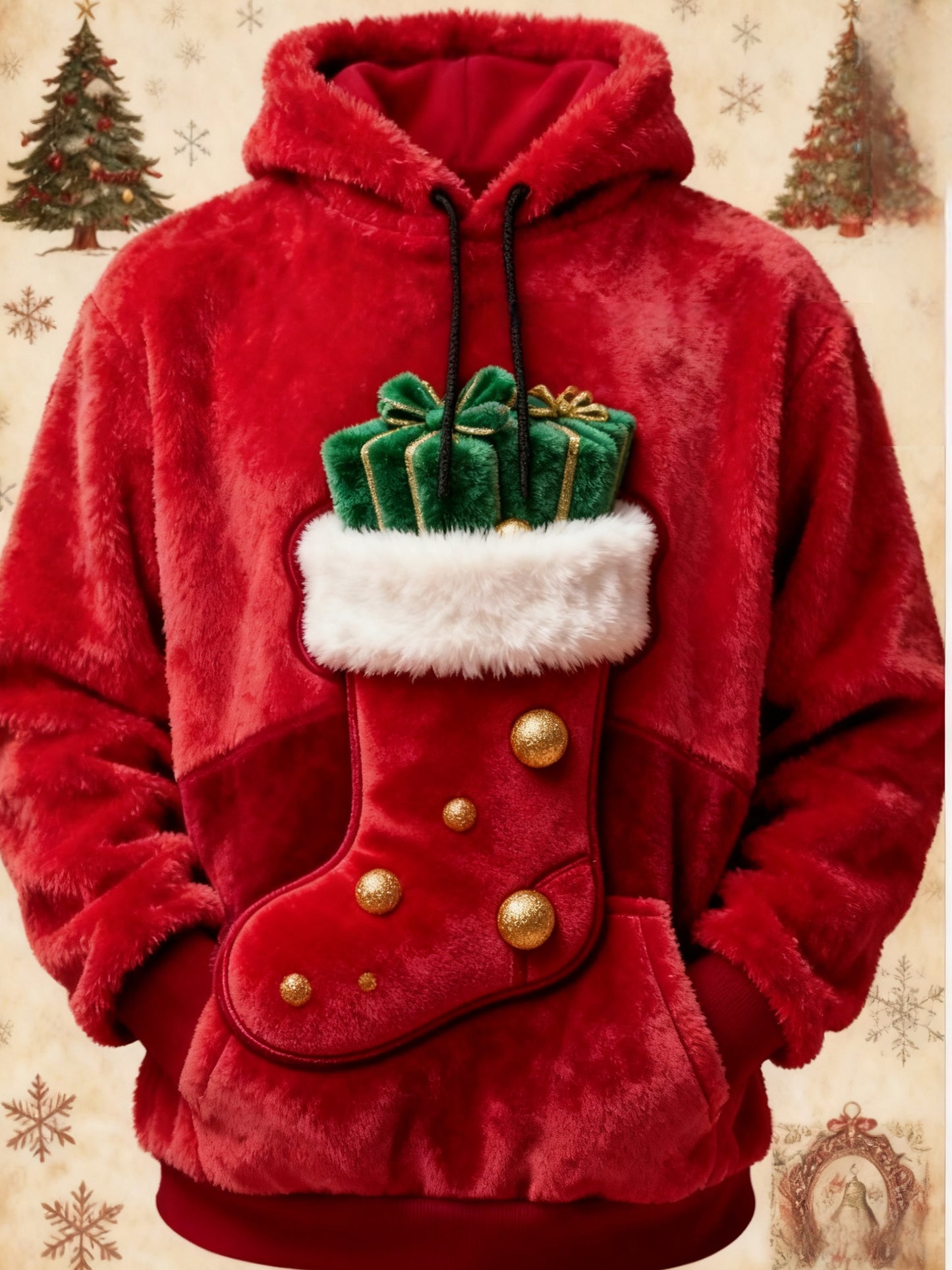 Retro Christmas Stocking Gifts Print Fleece Pocket Hooded Sweatshirt