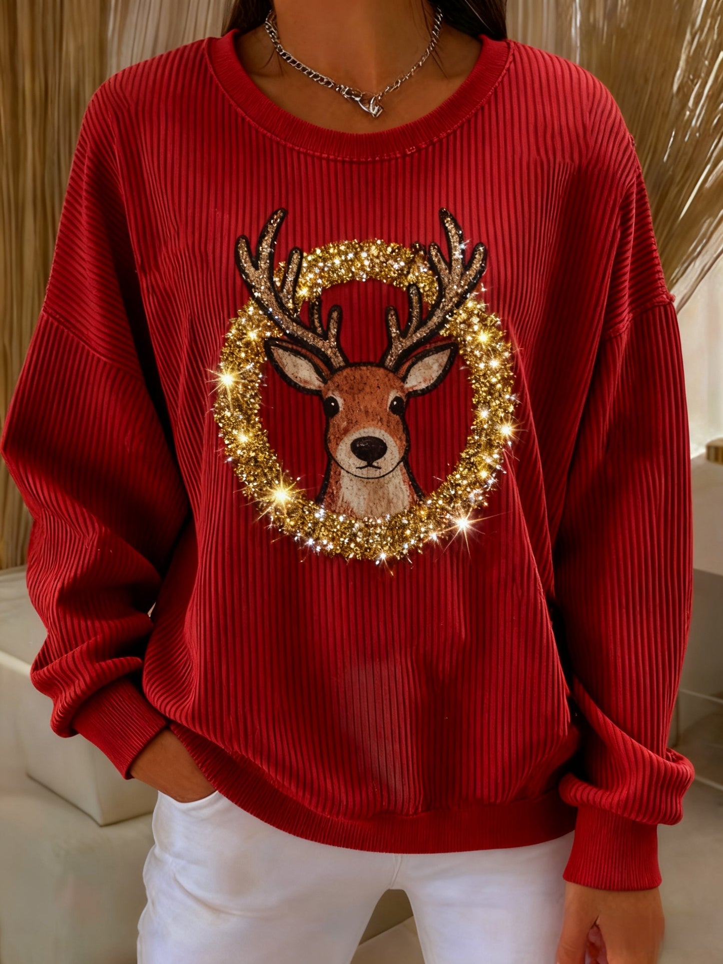 Retro Christmas Reindeer Sequins Loose Long Sleeved Sweatshirt