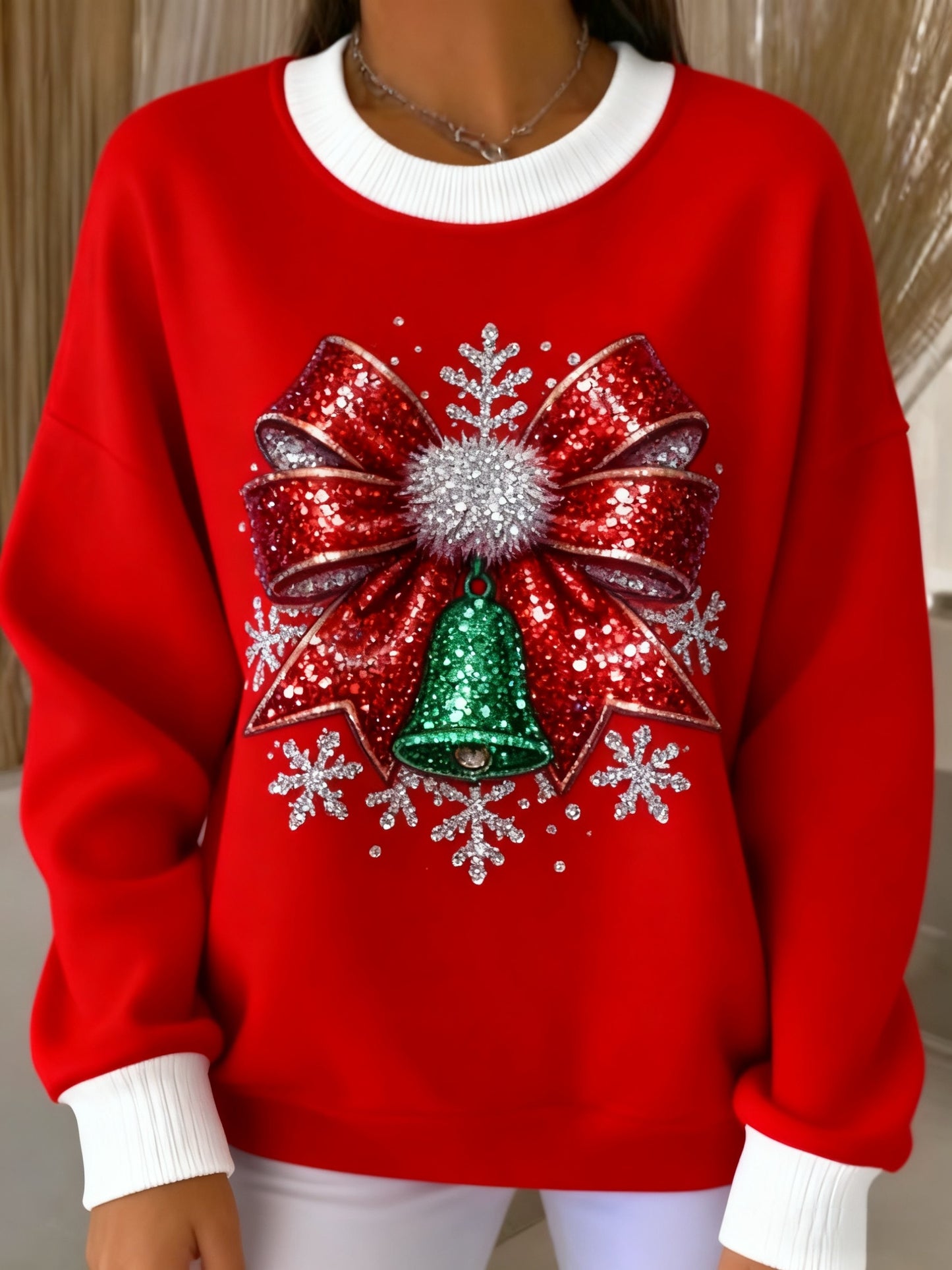 Vintage Christmas Sequin Bow Loose Long Sleeved Sweatshirt