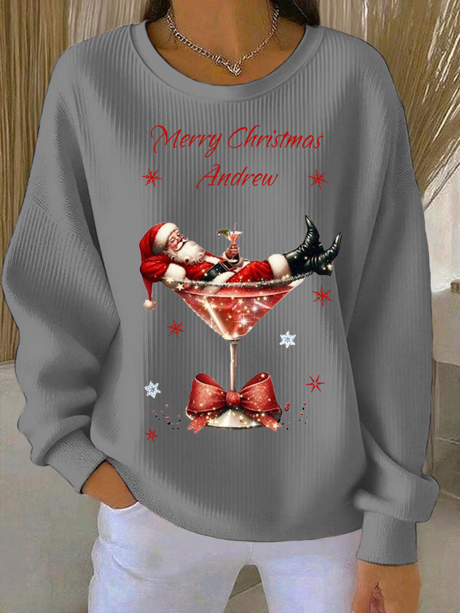 Women's Santa Claus and wine glass Print Ribbed Round-Neck Sweatshirt