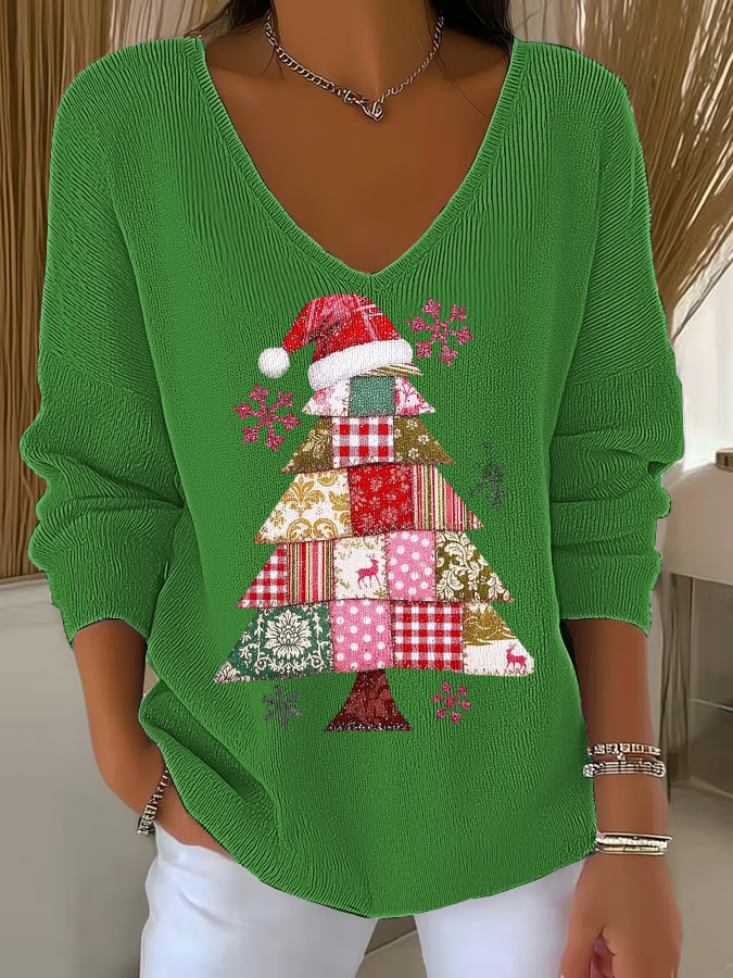 Women's Christmas tree Print V-Neck Ribbed Top