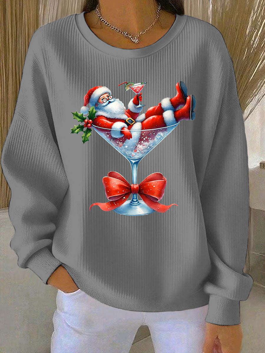 Women's Santa Claus and wine glass Print Ribbed Round-Neck Sweatshirt