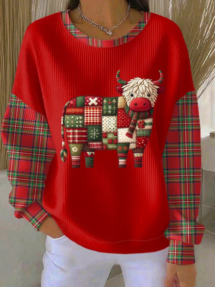 Women's Christmas Highland Cow Patchwork Print Ribbed Round-Neck Sweatshirt