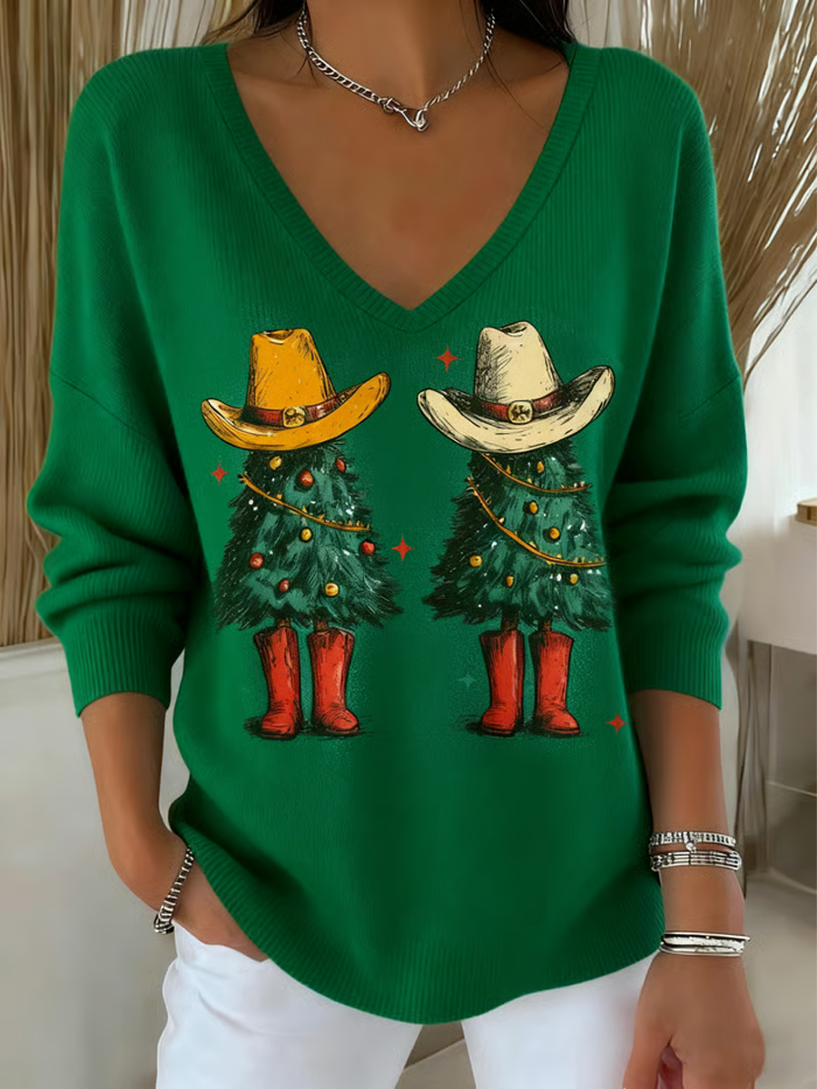 Women's Christmas tree Print V-Neck Ribbed Top