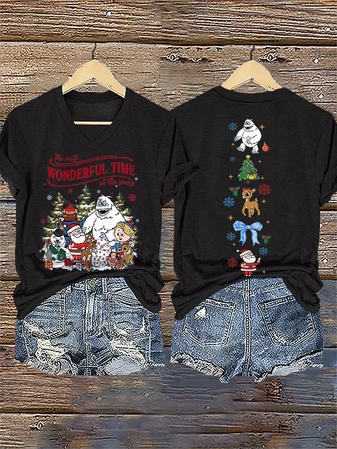 Women's V-Neck Retro Christmas The Most Wonderful Time Of The Year Print T-Shirt