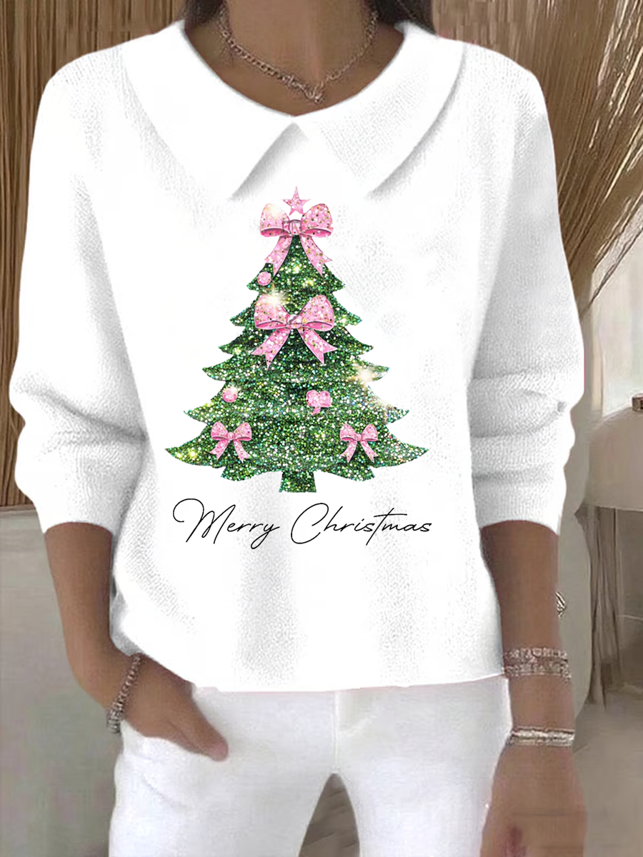 Women's Retro Christmas Tree Print Casual Lapel Knit Top