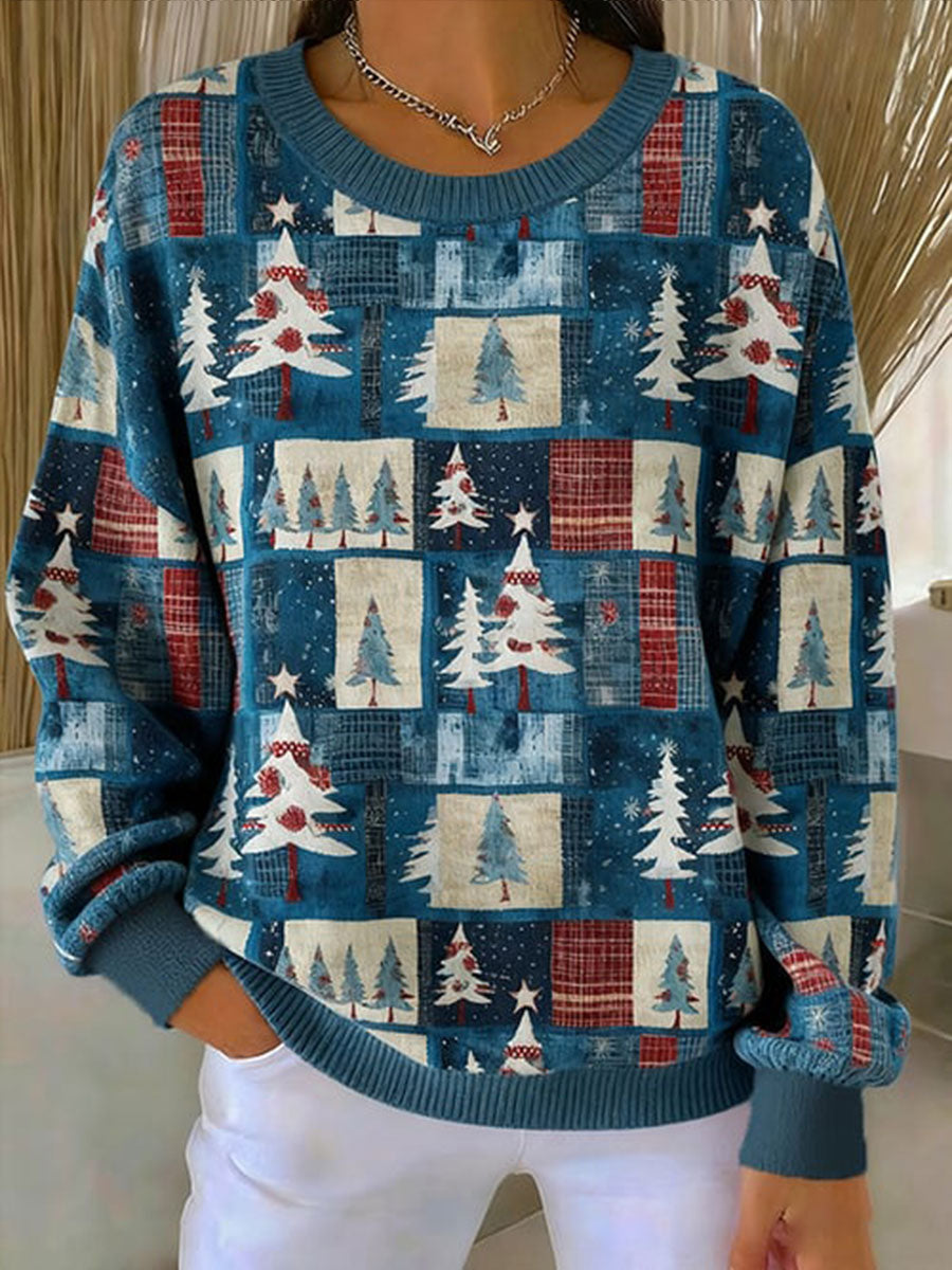Women's Christmas Tree Ribbed Round-Neck Sweatshirt