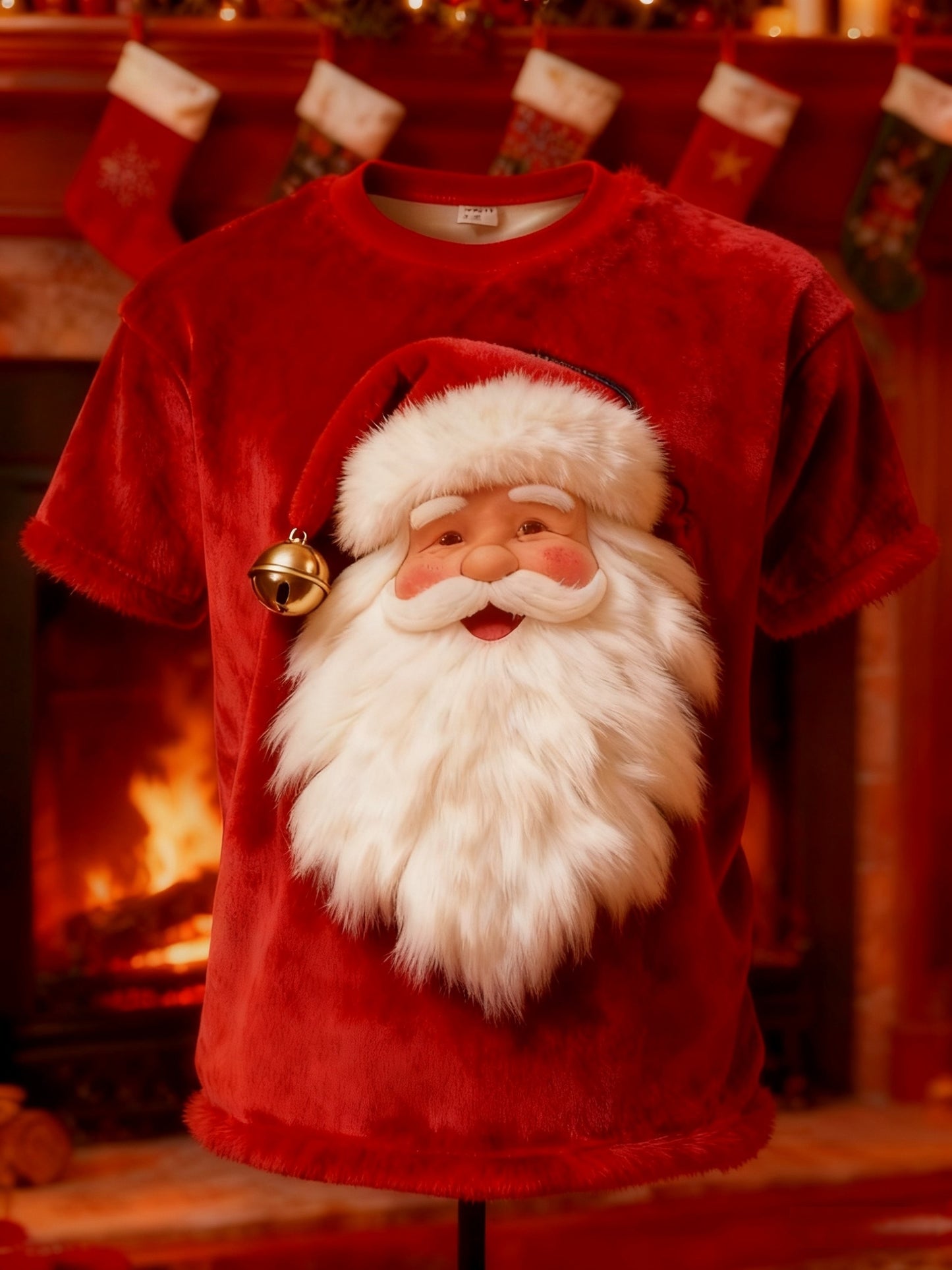 Vintage Christmas Santa Claus Print Plush Short-Sleeved T-Shirt