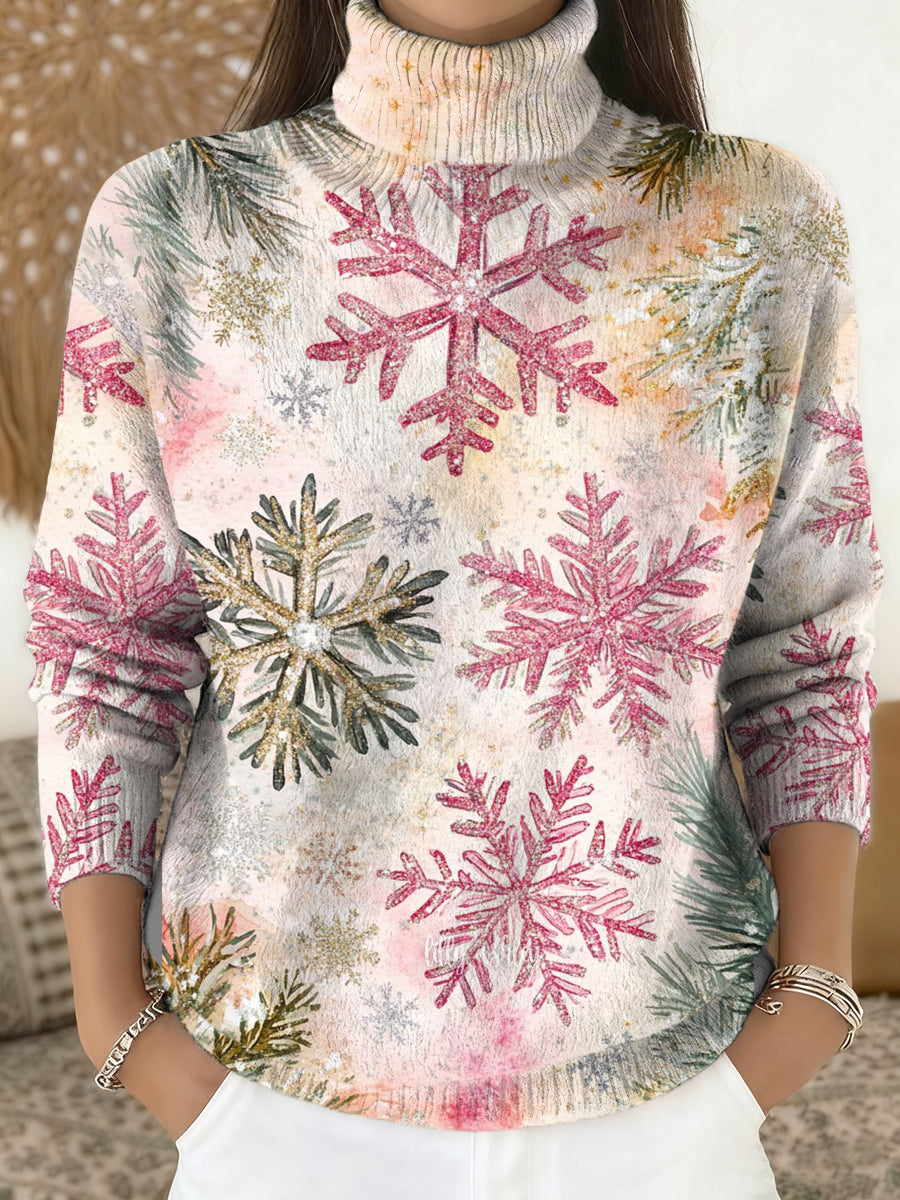 Women's Merry Christmas Print Knit Turtleneck Pullover Sweater