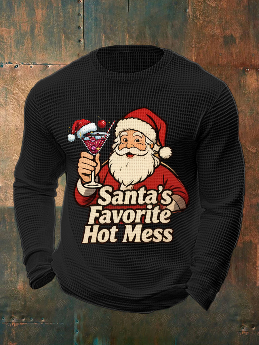 Men's Funny Christmas Santa's Favorite Hot Mess Casual Waffle Long Sleeve Top