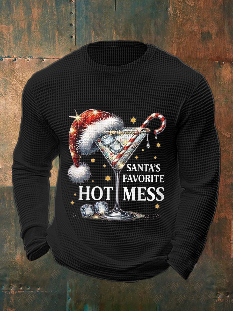 Men's Funny Christmas Santa's Favorite Hot Mess Casual Waffle Long Sleeve Top
