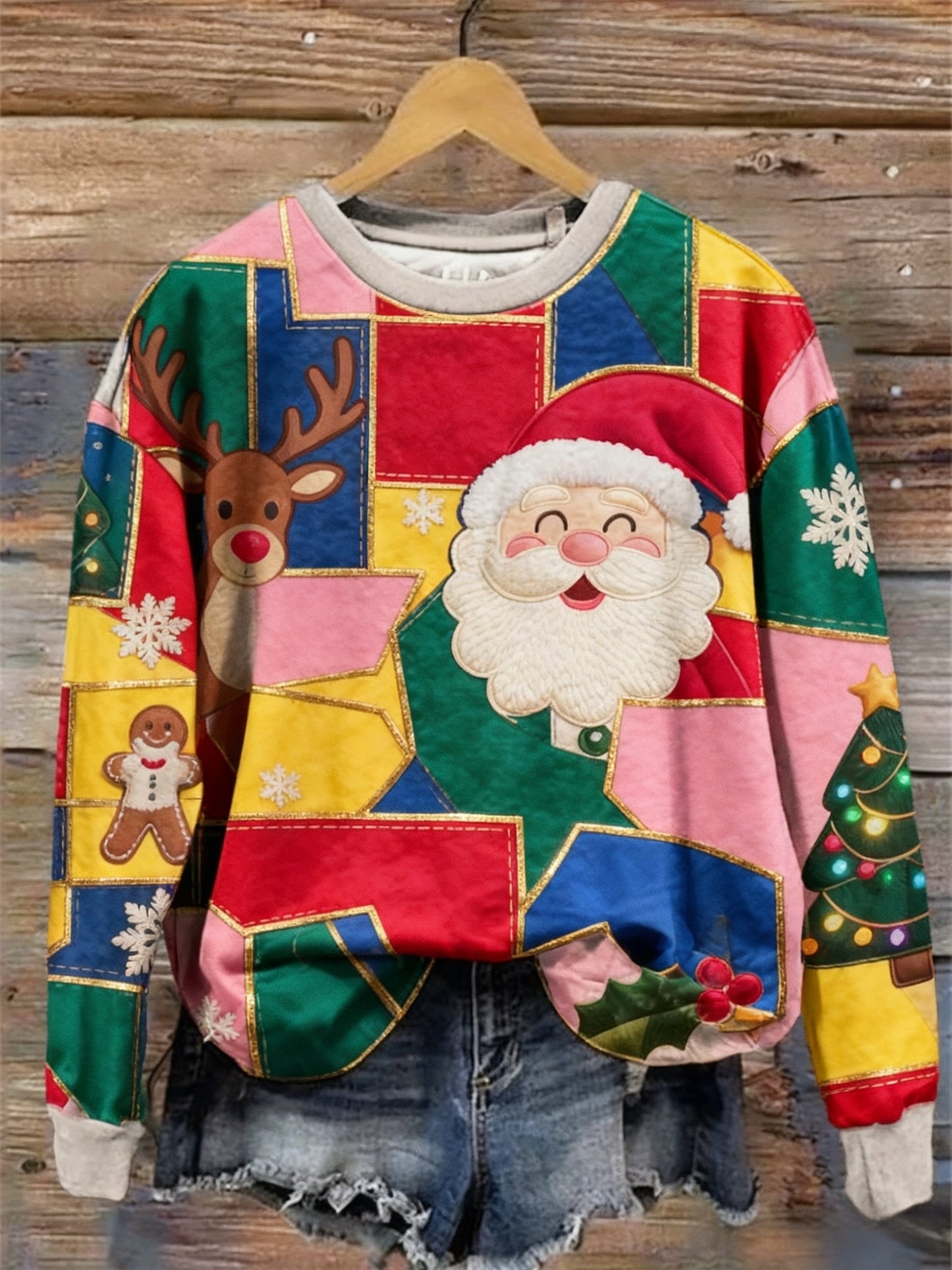 Retro Christmas Colourful Patchwork Printed Crew-Neck Retro Fashion Loose Long Sleeved Sweatshirt