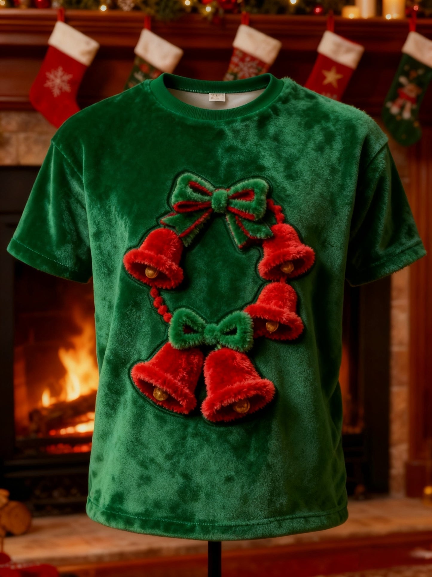 Vintage Christmas Bells Print Plush Short-Sleeved T-Shirt