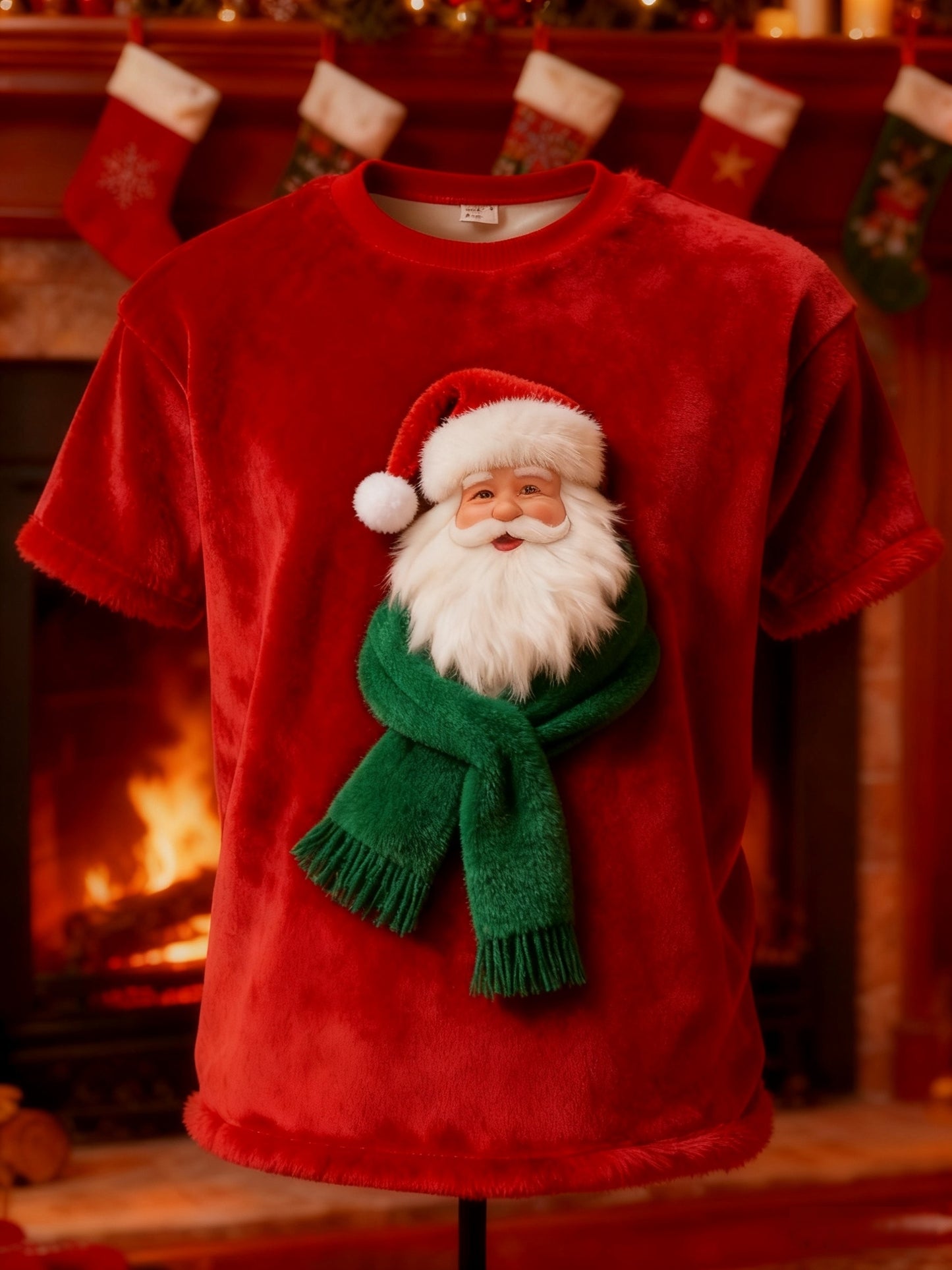 Vintage Christmas Santa Claus Scarf Print Plush Short-Sleeved T-Shirt
