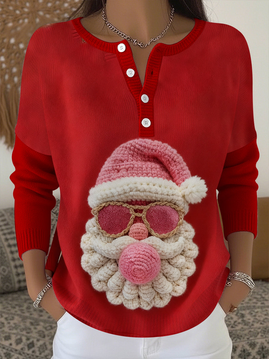 Women's Christmas Santa Claus Print Button Top