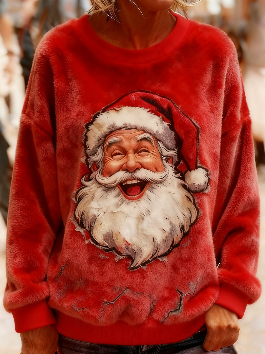 Women's Vintage Santa Claus Art Printed Flannel Hoodie