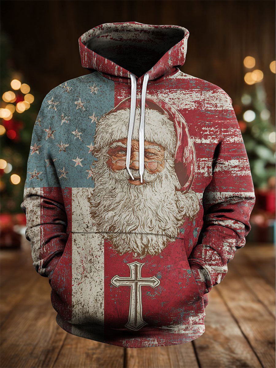 Men's American Flag Faith Santa Oversized Drop-Shoulder Hoodie With Pockets