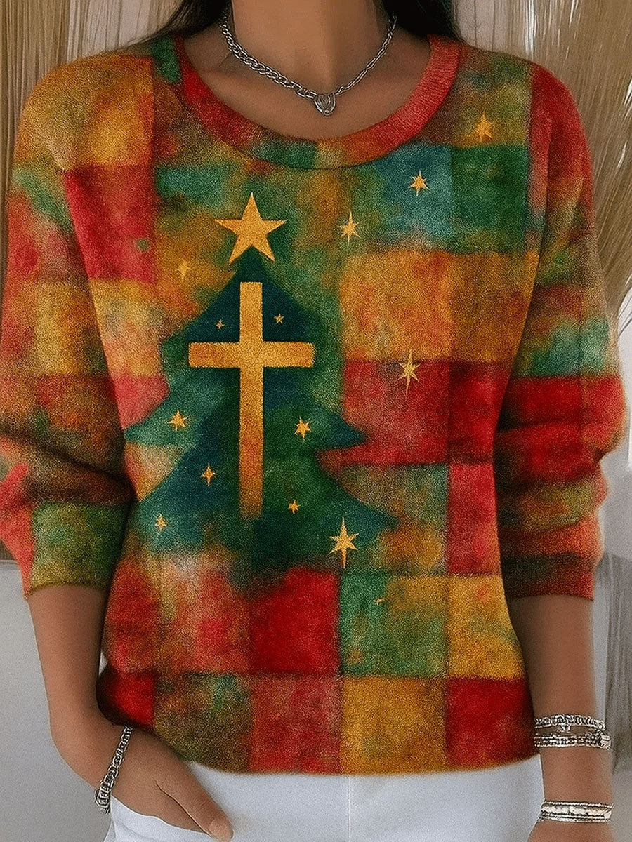 Women's Retro Christmas Tree Faith Print Long Sleeve Shirt