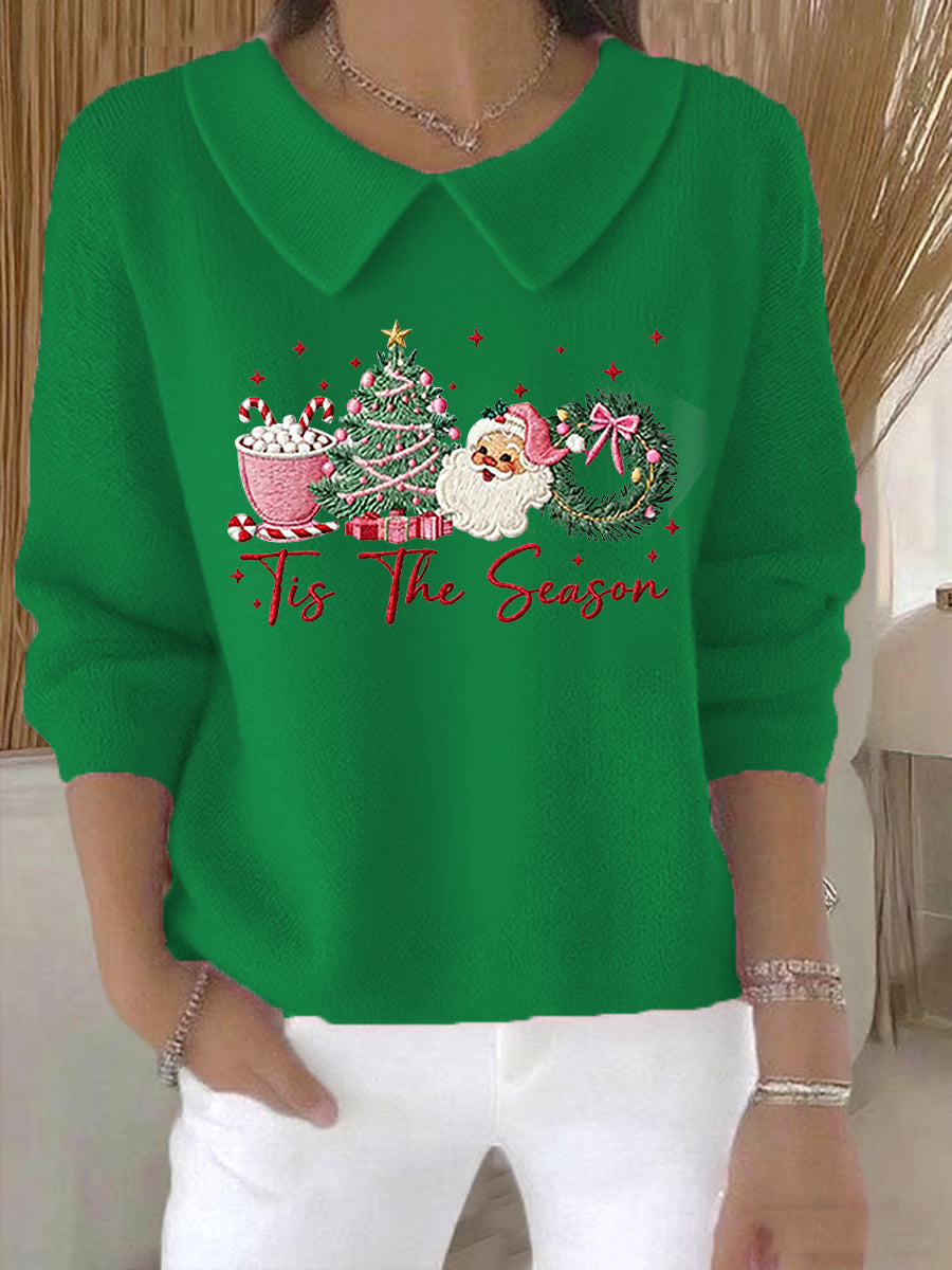 Women's Christmas Tree Santa Claus Art Printed Baby Doll Collar Top